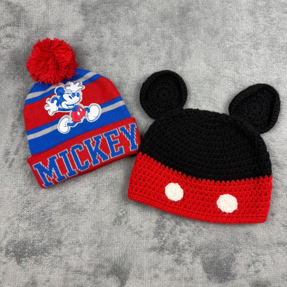 Disney Mickey Mouse Boys Beanie Hat Bundle Knit Pom Pom & Crochet Ears 2pc Set